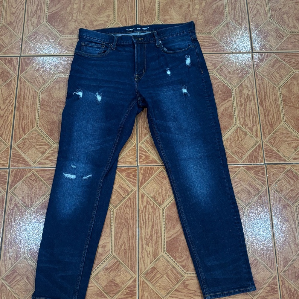 Old Navy Relaxed Slim Taper Jeans Mens 36x30 Dark Wash Distressed Built-In Flex